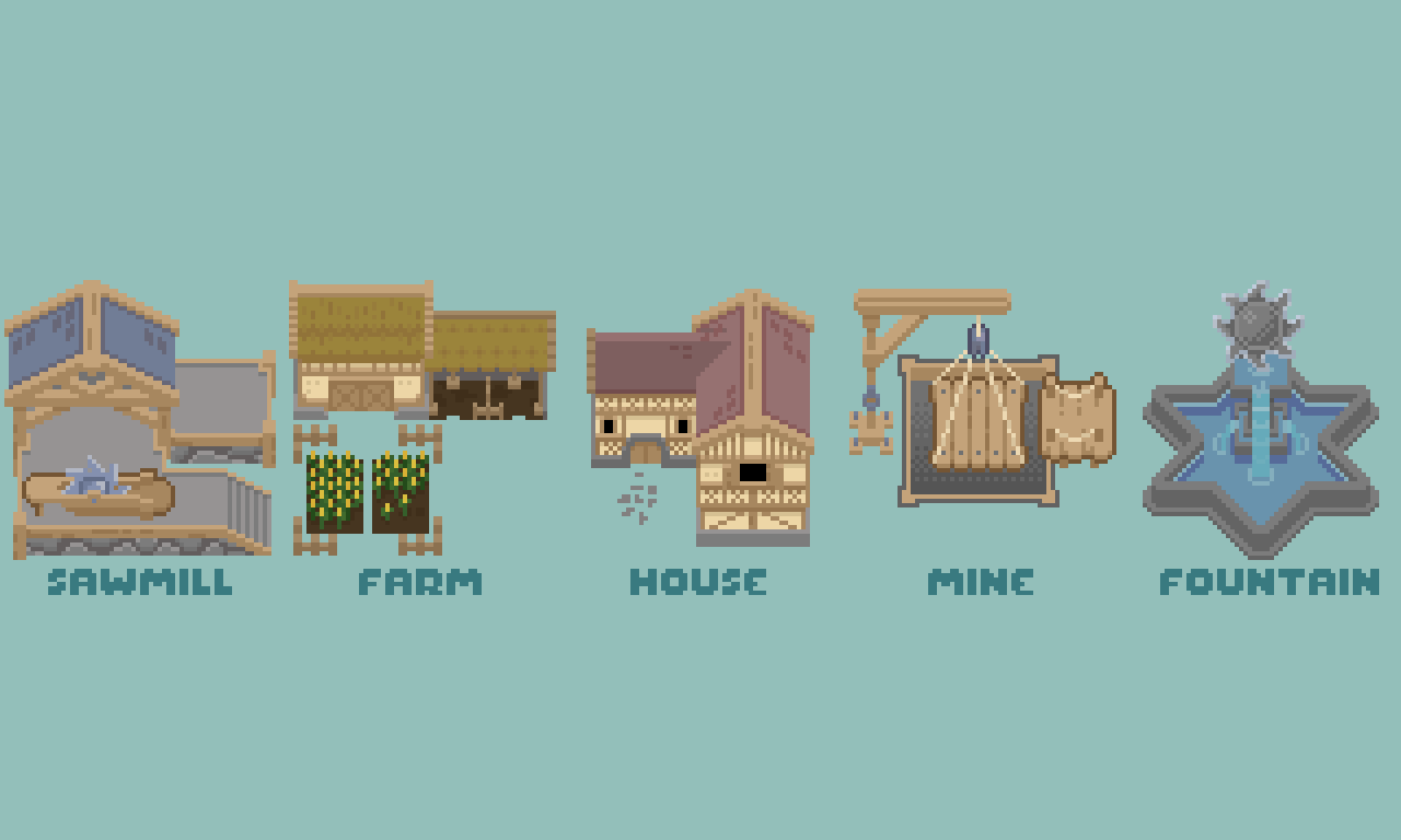 Behooold the buildings from my game! I feel like the sawmill is a bit weird, no? What do you think? A picture with multiple sprites of buildings