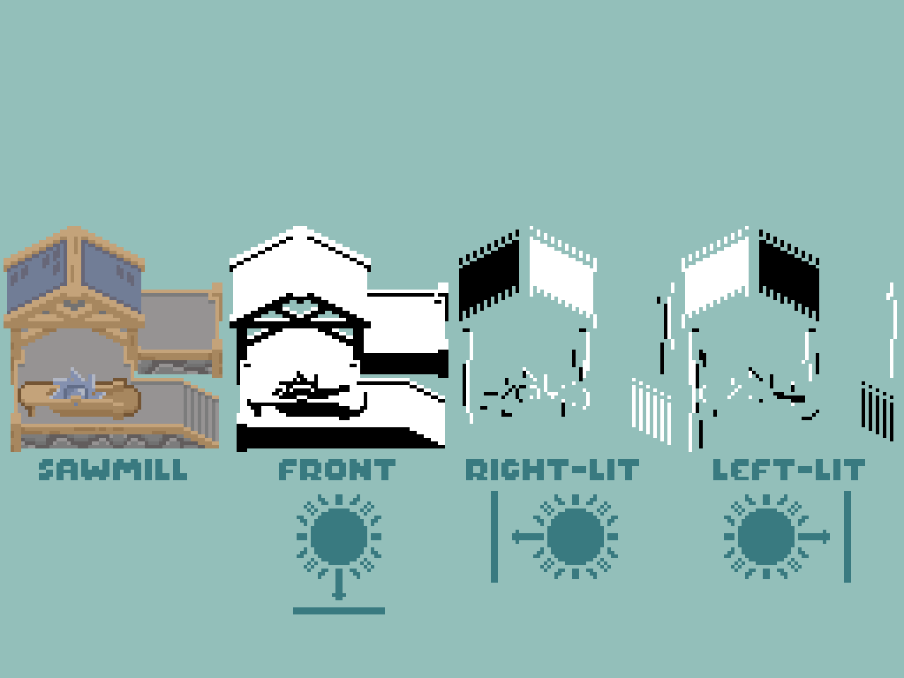 The lighting sprites you will have to draw from multiple angles. Note that I'm not completely sure I did that properly but it works well enough for now. A picture of one of the previous sprites with the lighting in black and white