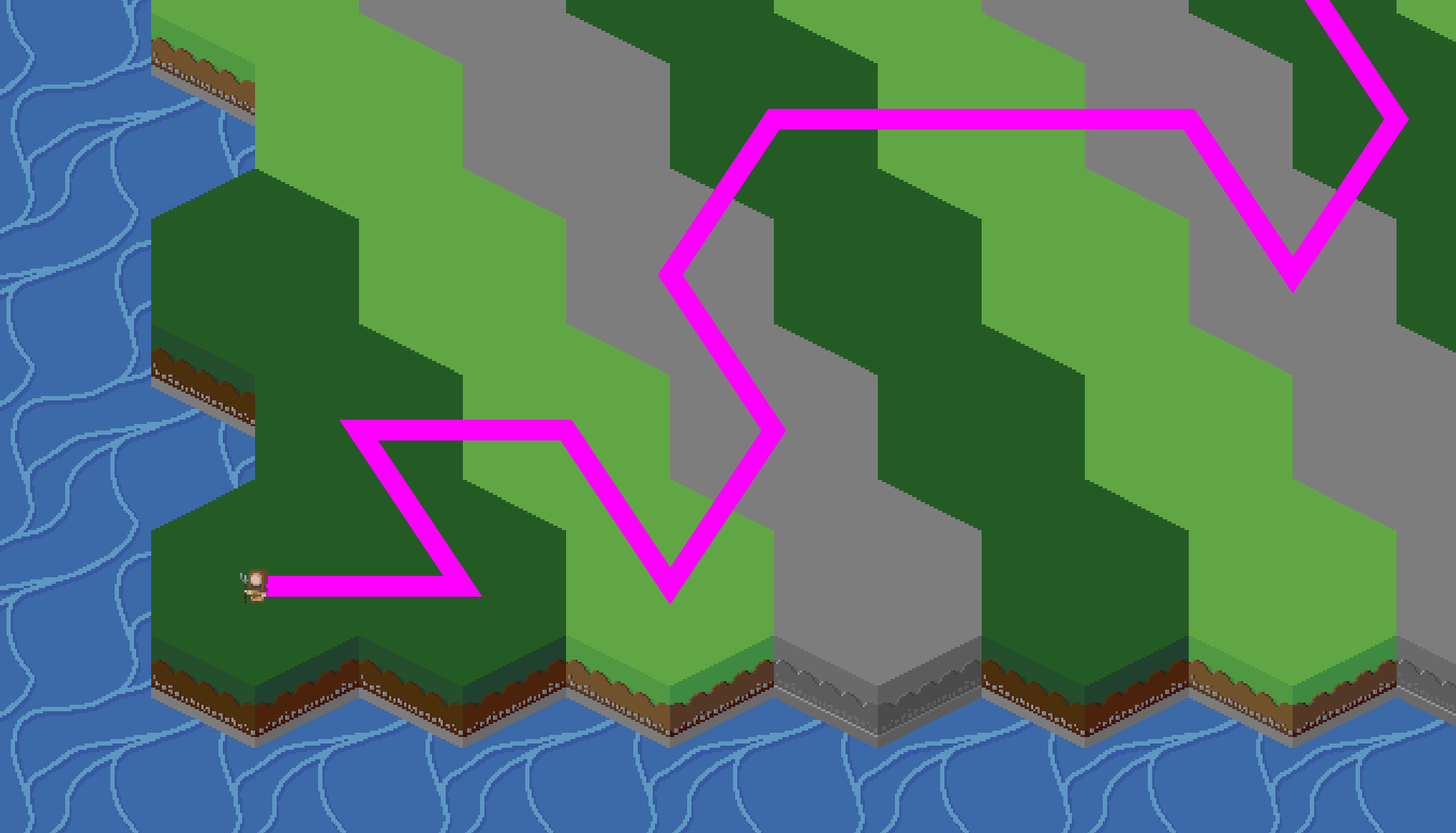 Here I would have expected a straight line, either horizontal or diagonal… well… A screenshot of a hexagonal tilemap with the same path but zoomed in.