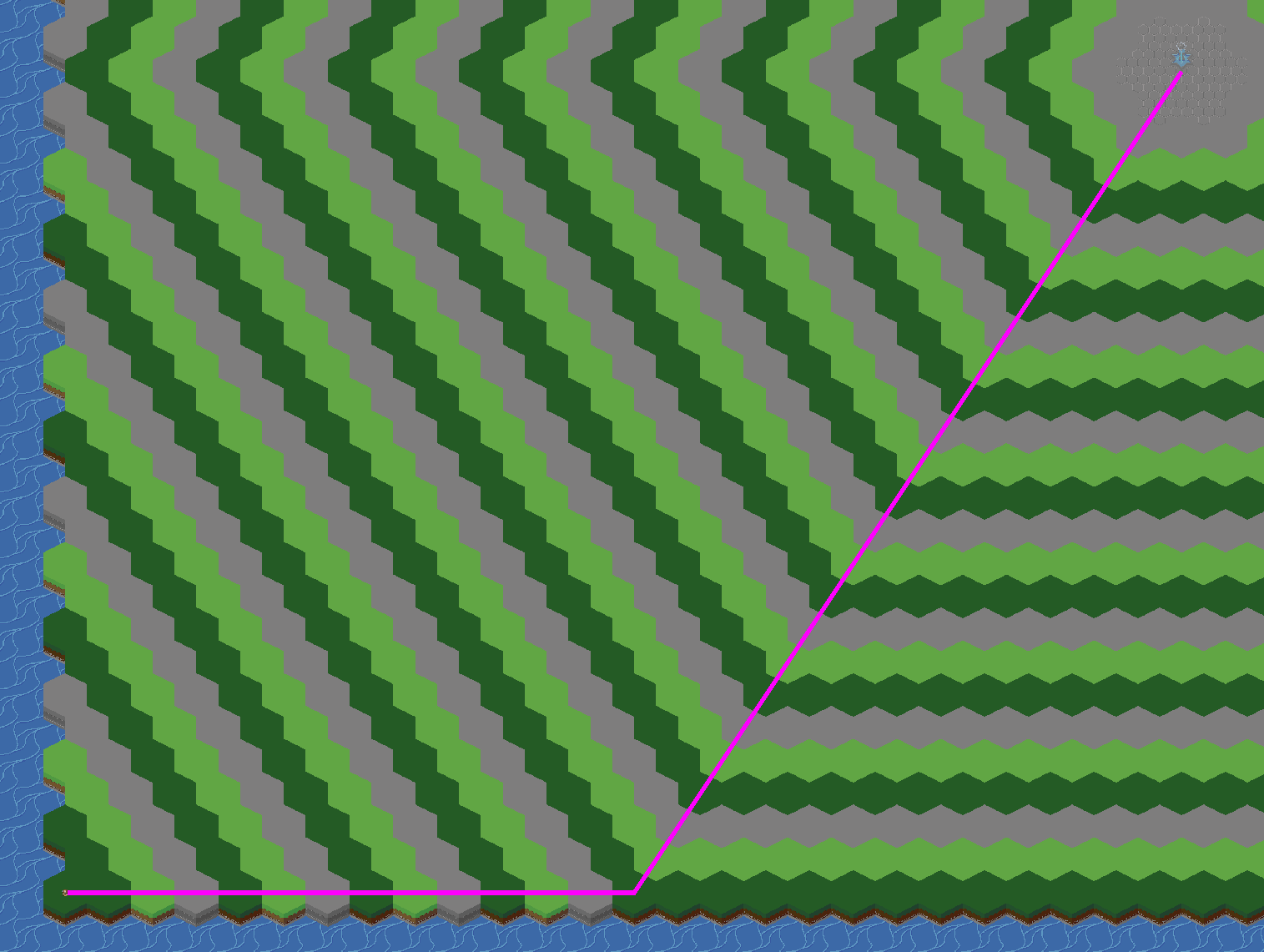 BOOM! The path is straight and is the shortest, and it is beautiful, and I feel very clever right now 😌 A screenshot of a hexagonal tilemap with a straight path to the target.