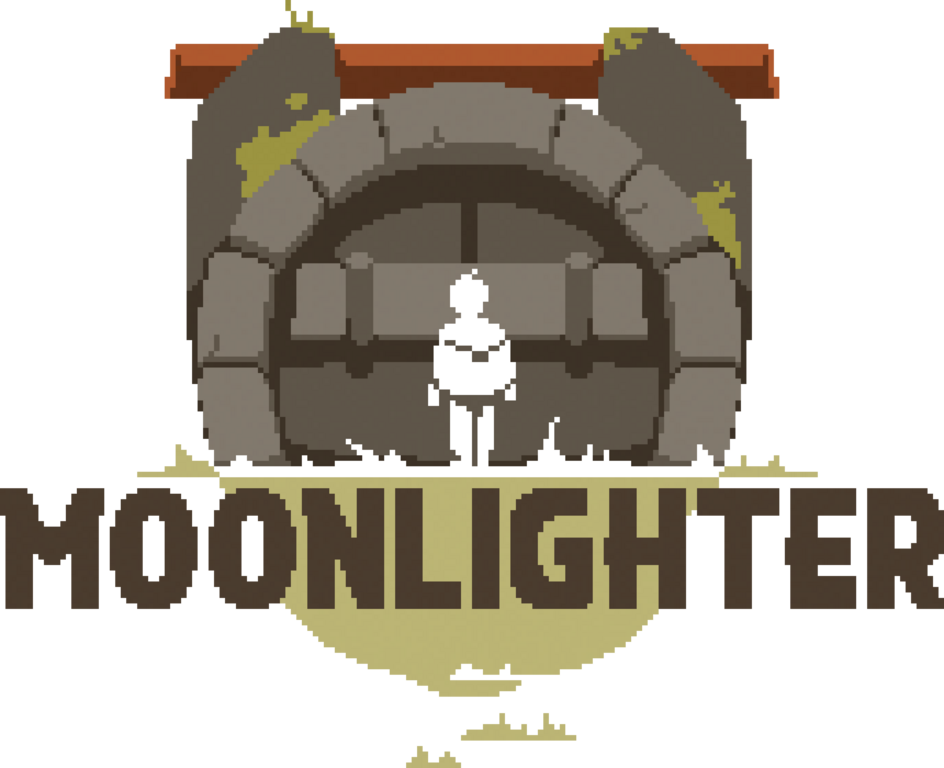The logo of the game Moonlighter The logo of moonlighter, the silhouette of the main character, seen from behind, in front of the gate of a dungeon