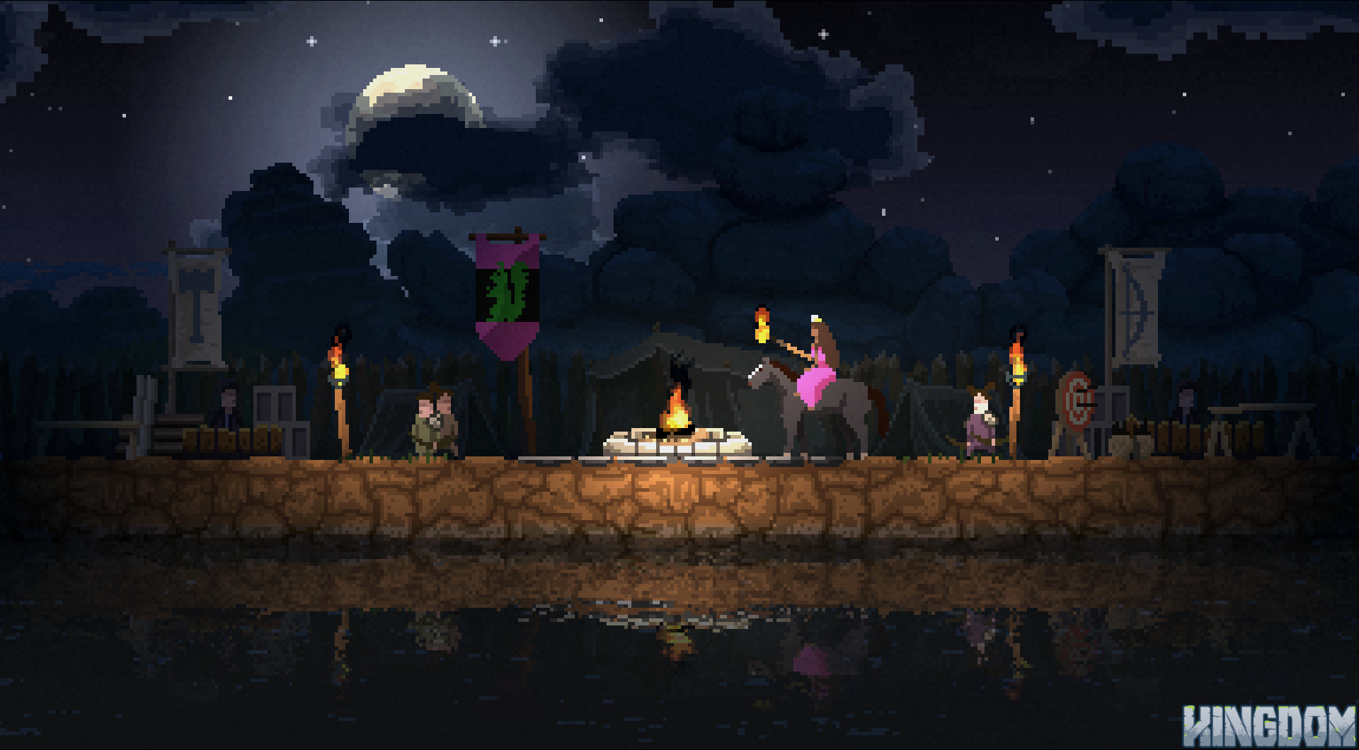 Screenshot from the game Kingdom - Here the night is mostly stressful but can feel almost cozy once hidden behind large walls and armies. A screenshot of the game kingdom showing the center of the village at night.