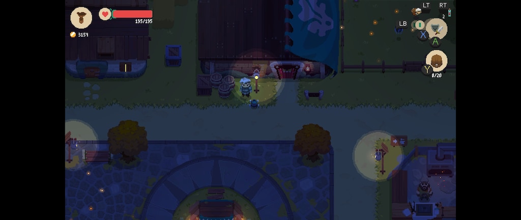 Screenshot from the game Moonlighter - The atmosphere of the village at night is so peaceful. It is a beautiful contrast from the chaos of the dungeons you are about to face. A screenshot of the game moonlighter showing the center of the village at night.